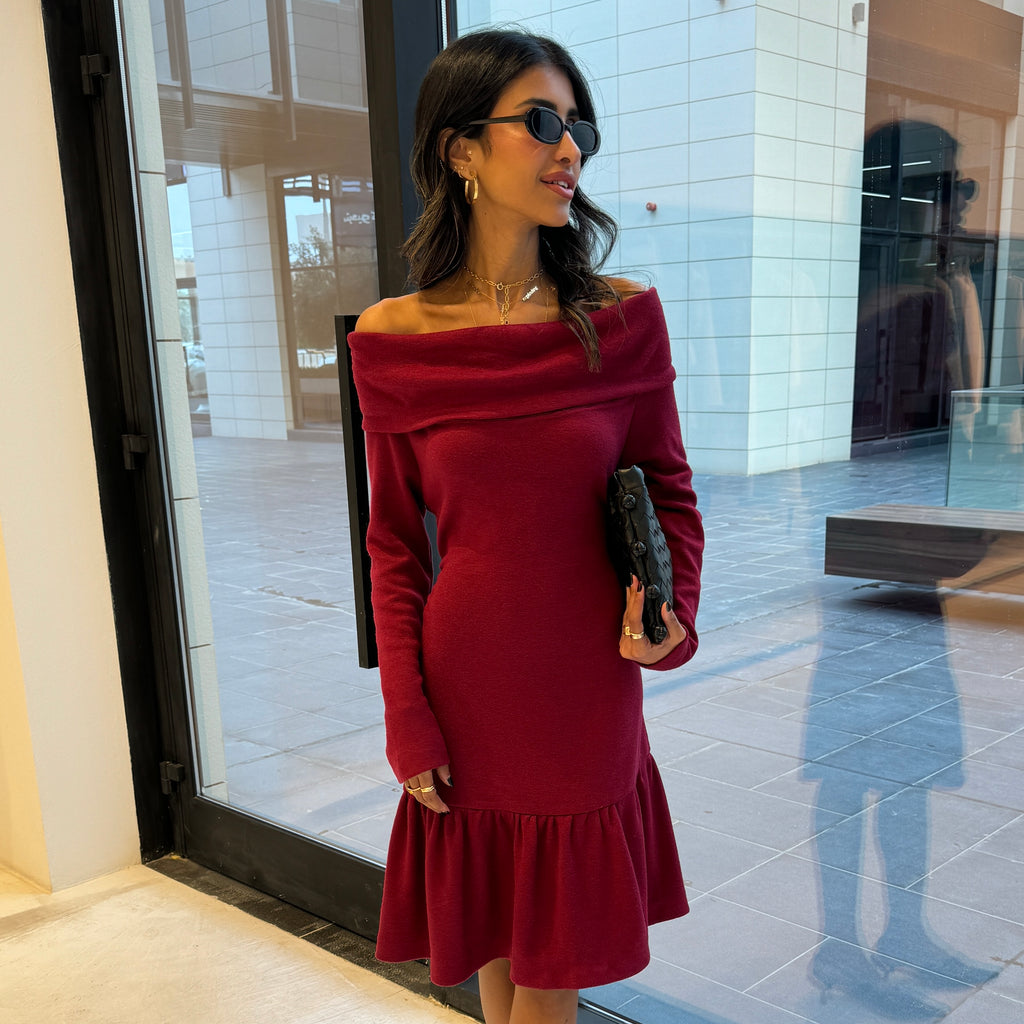 red knit off the shoulder dress Red Off-Shoulder Sweater Dress: Cozy Knit Bodycon Mini Dress
