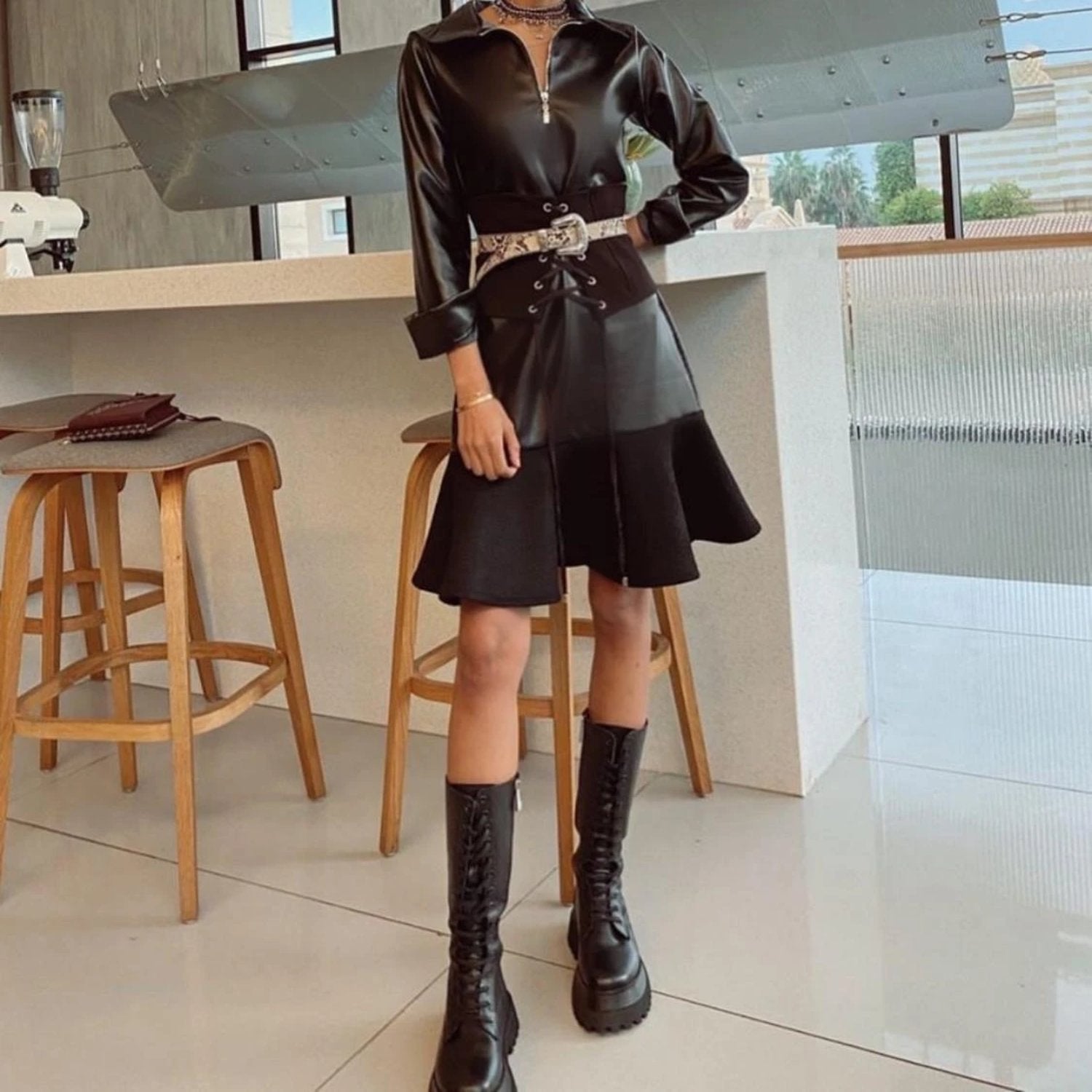 Collared Leather Dress